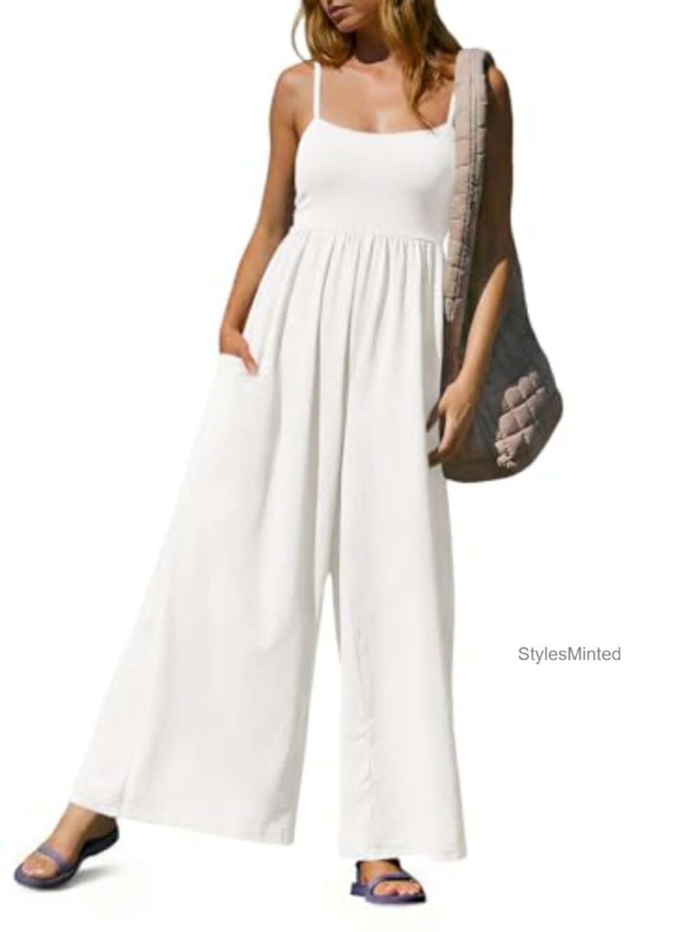 Fisoew Women's Cotton Stretch Spaghetti Strap Wide Leg Jumpsuit with Pockets